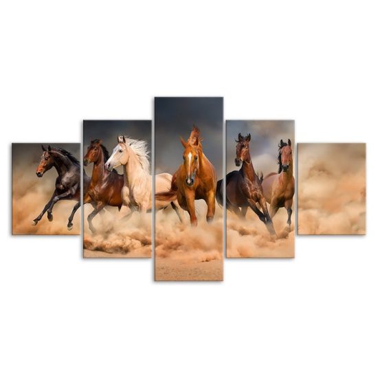 Horses Galloping Running Scene 5 Piece Five Panel Wall Canvas Print Modern Art Poster Wall Art Decor 3