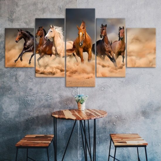 Horses Galloping Running Scene 5 Piece Five Panel Wall Canvas Print Modern Art Poster Wall Art Decor