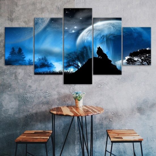 Howling Wolf Silhouette Dark Night Moon Scenery View 5 Piece Five Panel Canvas Print Modern Poster Wall Art Decor