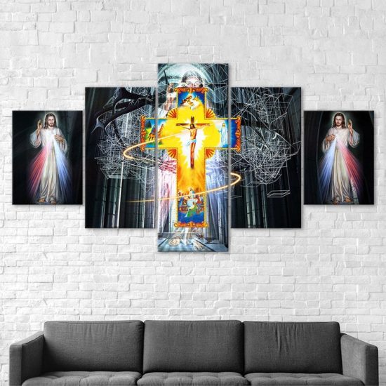 Jesus Christ Light And The Crucifixion 5 Piece Five Panel Wall Canvas Print Modern Art Poster Wall Art Decor 2