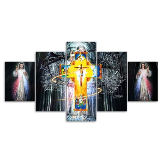 Jesus Christ Light And The Crucifixion 5 Piece Five Panel Wall Canvas Print Modern Art Poster Wall Art Decor 3