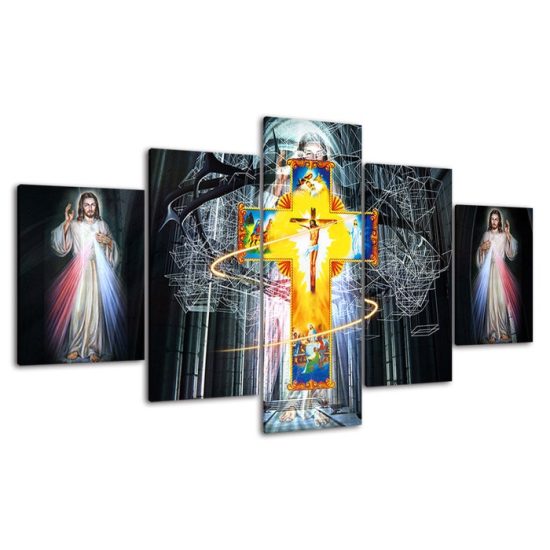 Jesus Christ Light And The Crucifixion 5 Piece Five Panel Wall Canvas Print Modern Art Poster Wall Art Decor 4