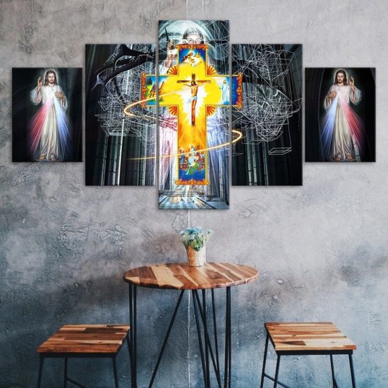 Jesus Christ Light And The Crucifixion 5 Piece Five Panel Wall Canvas Print Modern Art Poster Wall Art Decor