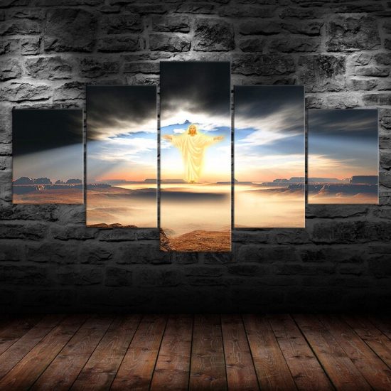 Jesus Christ Shining Love Sky Scenery 5 Piece Five Panel Wall Canvas Print Modern Poster Wall Art Decor 1