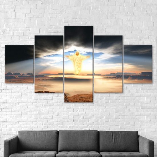 Jesus Christ Shining Love Sky Scenery 5 Piece Five Panel Wall Canvas Print Modern Poster Wall Art Decor 2