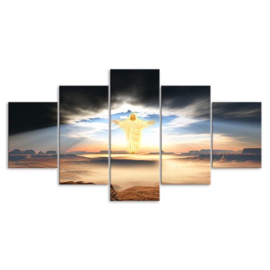 Jesus Christ Shining Love Sky Scenery 5 Piece Five Panel Wall Canvas Print Modern Poster Wall Art Decor 3