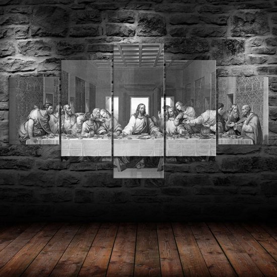 Jesus Christ The Last Supper Black White Scene 5 Piece Five Panel Wall Canvas Print Modern Art Poster Wall Art Decor 1