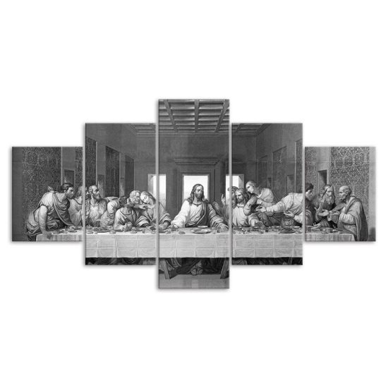 Jesus Christ The Last Supper Black White Scene 5 Piece Five Panel Wall Canvas Print Modern Art Poster Wall Art Decor 3