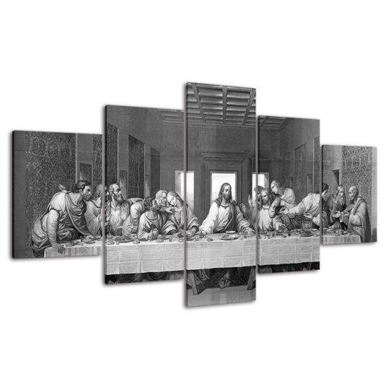 Jesus Christ The Last Supper Black White Scene 5 Piece Five Panel Wall Canvas Print Modern Art Poster Wall Art Decor 4