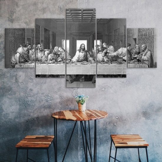 Jesus Christ The Last Supper Black White Scene 5 Piece Five Panel Wall Canvas Print Modern Art Poster Wall Art Decor