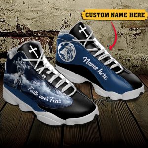Jesus Faith Over Fear Custom Name Air Jordan 13 Shoes Blue And Black