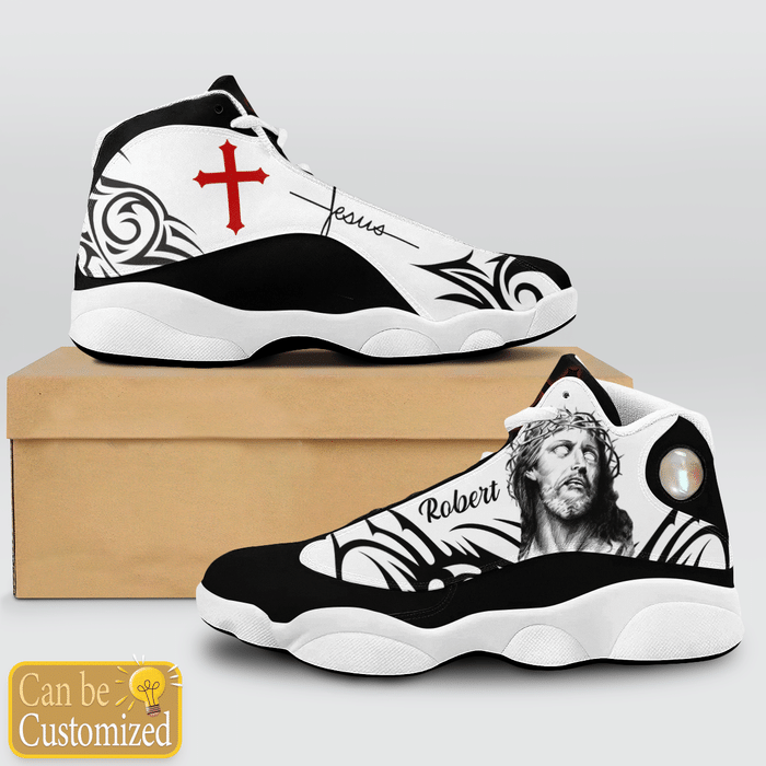 Jesus Pattern Custom Name Air Jordan 13 Shoes Black And White 1
