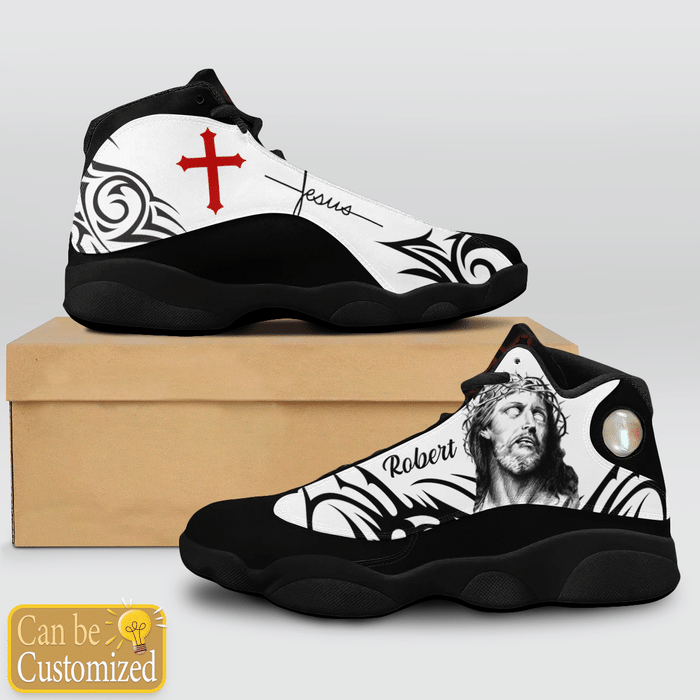 Jesus Pattern Custom Name Air Jordan 13 Shoes Black And White 2