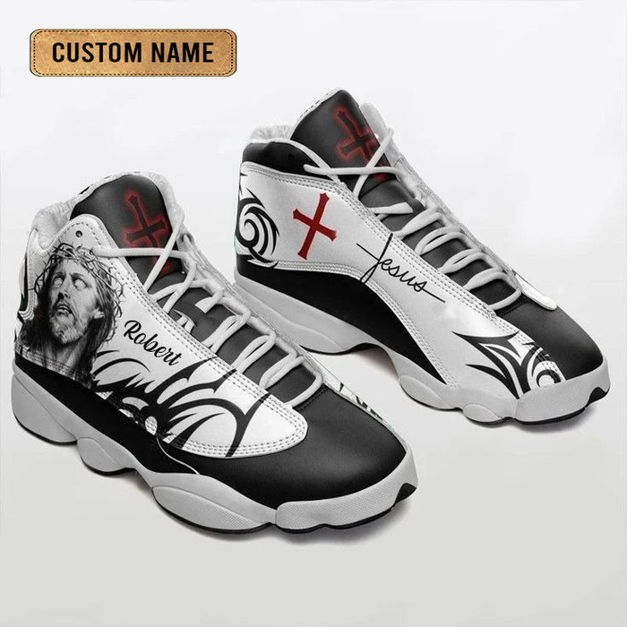Jesus Pattern Custom Name Air Jordan 13 Shoes Black And White