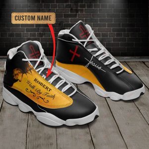 Jesus Walk By Faith Custom Name Air Jordan 13 Shoes Yellow