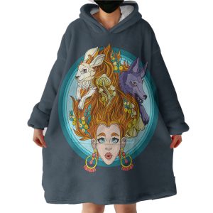 Jungle Lady Rabbit & Wolf Illustration Hoodie Wearable Blanket WB0169