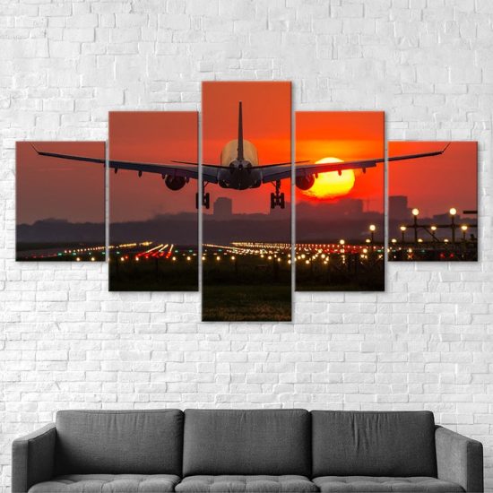 Landing Plane Sunset Canvas 5 Piece Five Panel Wall Print Modern Art Poster Wall Art Decor 2
