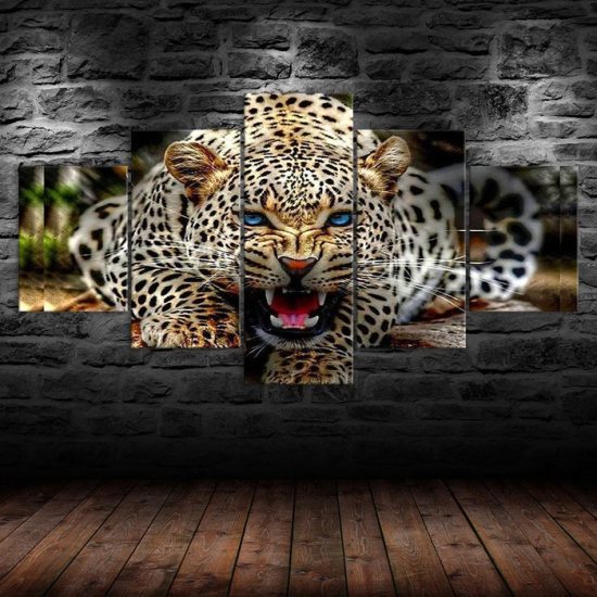 Leopard Blue Eyes Roaring Angry Animal 5 Piece Five Panel Wall Canvas Print Modern Art Poster Wall Art Decor 1