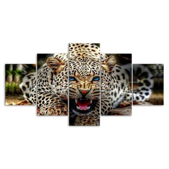 Leopard Blue Eyes Roaring Angry Animal 5 Piece Five Panel Wall Canvas Print Modern Art Poster Wall Art Decor 3