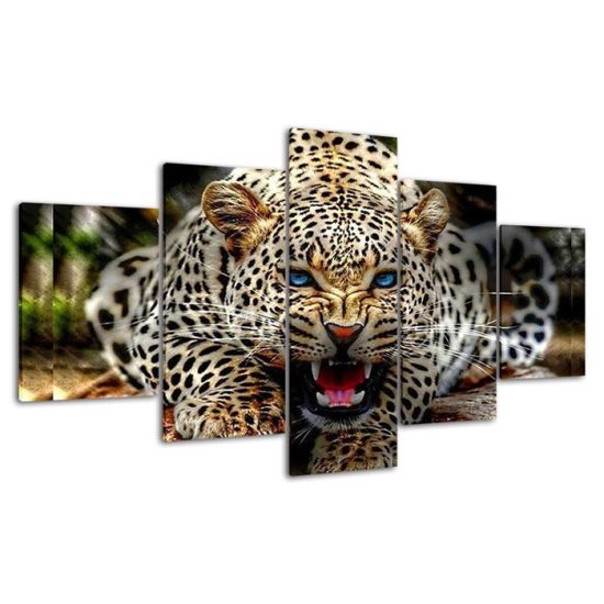 Leopard Blue Eyes Roaring Angry Animal 5 Piece Five Panel Wall Canvas Print Modern Art Poster Wall Art Decor 4