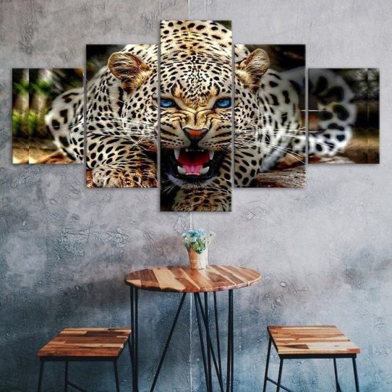 Leopard Blue Eyes Roaring Angry Animal 5 Piece Five Panel Wall Canvas Print Modern Art Poster Wall Art Decor