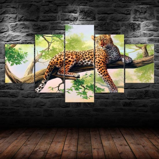 Leopard Wild Animal Jungle Scenery 5 Piece Five Panel Wall Canvas Print Modern Art Poster Wall Art Decor 1