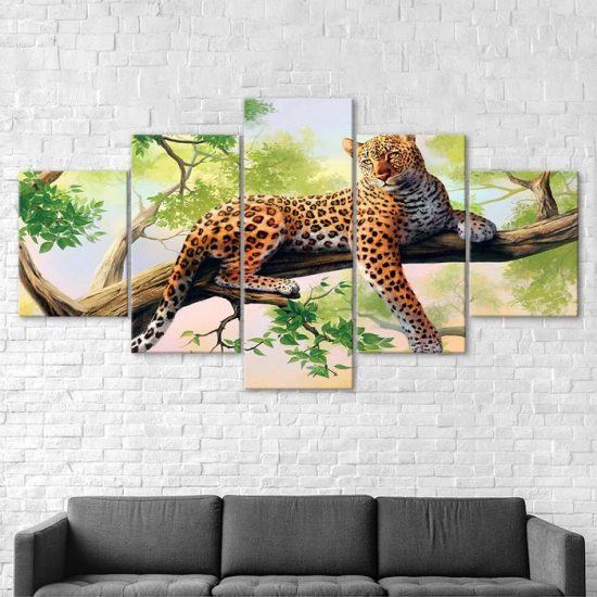 Leopard Wild Animal Jungle Scenery 5 Piece Five Panel Wall Canvas Print Modern Art Poster Wall Art Decor 2