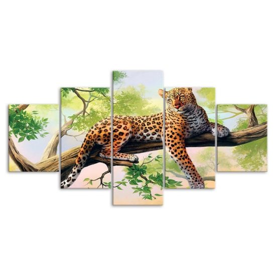 Leopard Wild Animal Jungle Scenery 5 Piece Five Panel Wall Canvas Print Modern Art Poster Wall Art Decor 3