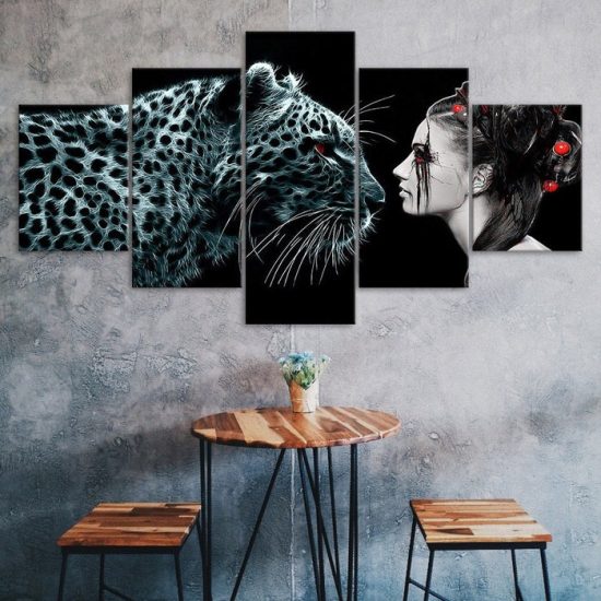 Leopard and Woman Fantasy Scenery 5 Piece Five Panel Canvas Print Modern Poster Wall Art Decor
