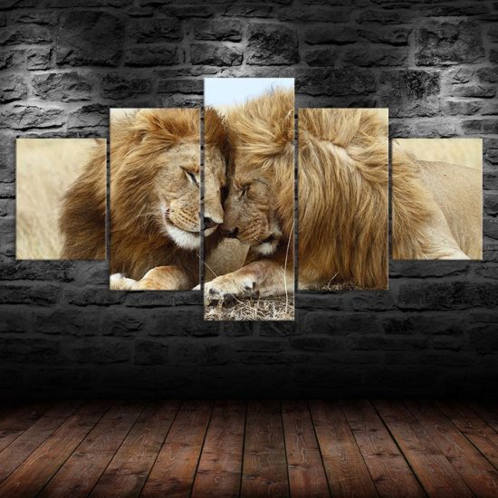 Lion Couple Loving Wild Animal Scene 5 Piece Five Panel Wall Canvas Print Pictures Modern Poster Wall Art Decor 1