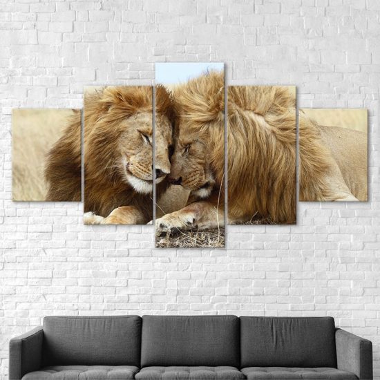 Lion Couple Loving Wild Animal Scene 5 Piece Five Panel Wall Canvas Print Pictures Modern Poster Wall Art Decor 2