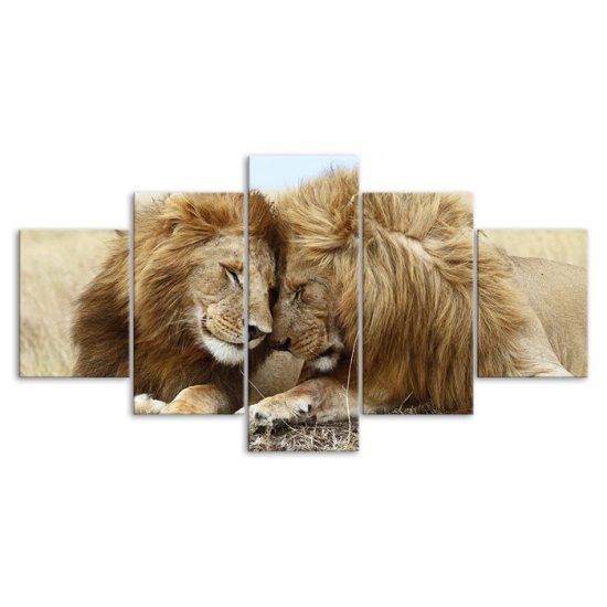 Lion Couple Loving Wild Animal Scene 5 Piece Five Panel Wall Canvas Print Pictures Modern Poster Wall Art Decor 3