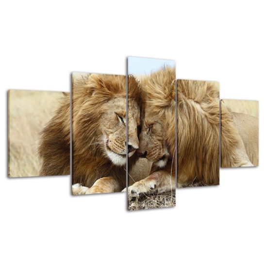 Lion Couple Loving Wild Animal Scene 5 Piece Five Panel Wall Canvas Print Pictures Modern Poster Wall Art Decor 4