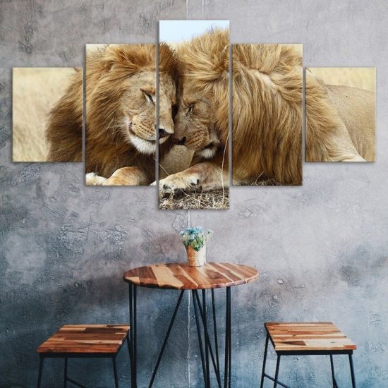Lion Couple Loving Wild Animal Scene 5 Piece Five Panel Wall Canvas Print Pictures Modern Poster Wall Art Decor