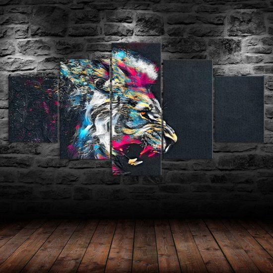 Lion Face Roaring Colorful Abstract Animal 5 Piece Five Panel Wall Canvas Print Modern Poster Wall Art Decor 1