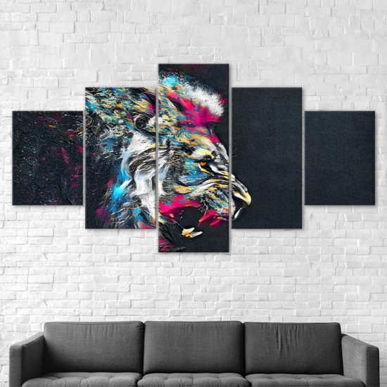 Lion Face Roaring Colorful Abstract Animal 5 Piece Five Panel Wall Canvas Print Modern Poster Wall Art Decor 2