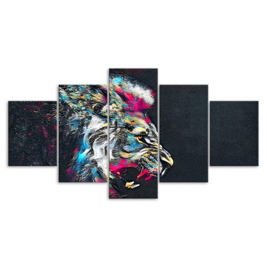Lion Face Roaring Colorful Abstract Animal 5 Piece Five Panel Wall Canvas Print Modern Poster Wall Art Decor 3