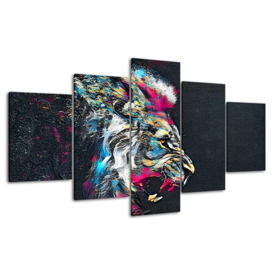 Lion Face Roaring Colorful Abstract Animal 5 Piece Five Panel Wall Canvas Print Modern Poster Wall Art Decor 4