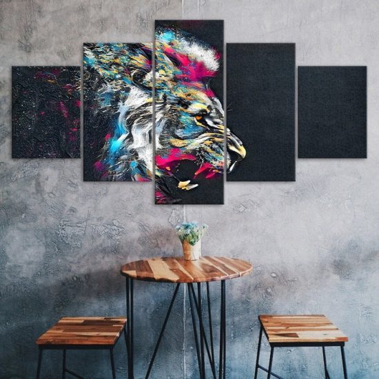 Lion Face Roaring Colorful Abstract Animal 5 Piece Five Panel Wall Canvas Print Modern Poster Wall Art Decor