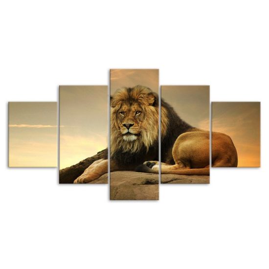 Lion The King Of Beasts Jungle Wild Forest Empire 5 Piece Five Panel Wall Canvas Print Modern Poster Wall Art Decor 3