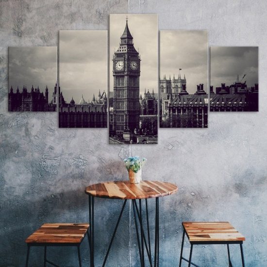 London Big Ben Elizabeth Tower UK Black White Scenery 5 Piece Five Panel Wall Canvas Print Modern Poster Wall Art Decor