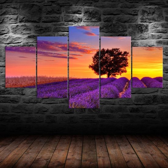 Lonely Tree Lavender Flowers Field Sunset Canvas 5 Piece Five Panel Wall Print Modern Art Poster Wall Art Decor 1