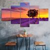 Lonely Tree Lavender Flowers Field Sunset Canvas 5 Piece Five Panel Wall Print Modern Art Poster Wall Art Decor