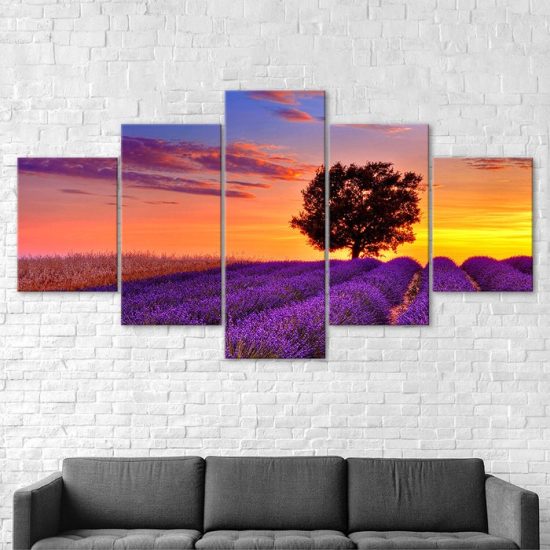 Lonely Tree Lavender Flowers Field Sunset Canvas 5 Piece Five Panel Wall Print Modern Art Poster Wall Art Decor 2
