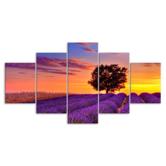 Lonely Tree Lavender Flowers Field Sunset Canvas 5 Piece Five Panel Wall Print Modern Art Poster Wall Art Decor 3