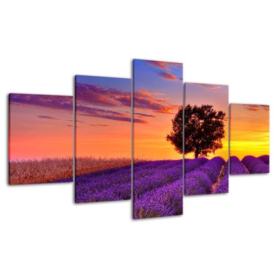 Lonely Tree Lavender Flowers Field Sunset Canvas 5 Piece Five Panel Wall Print Modern Art Poster Wall Art Decor 4