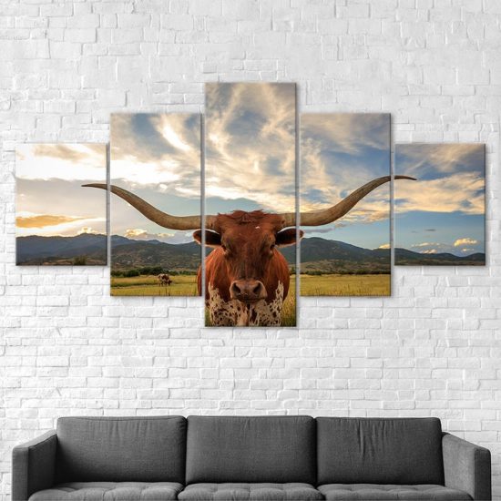 Longhorn Cattle Ox Cow Farms Animal 5 Piece Five Panel Wall Canvas Print Modern Art Poster Wall Art Decor 2