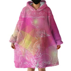 Love You Bird On Flower Pink Theme Hoodie Wearable Blanket WB0546