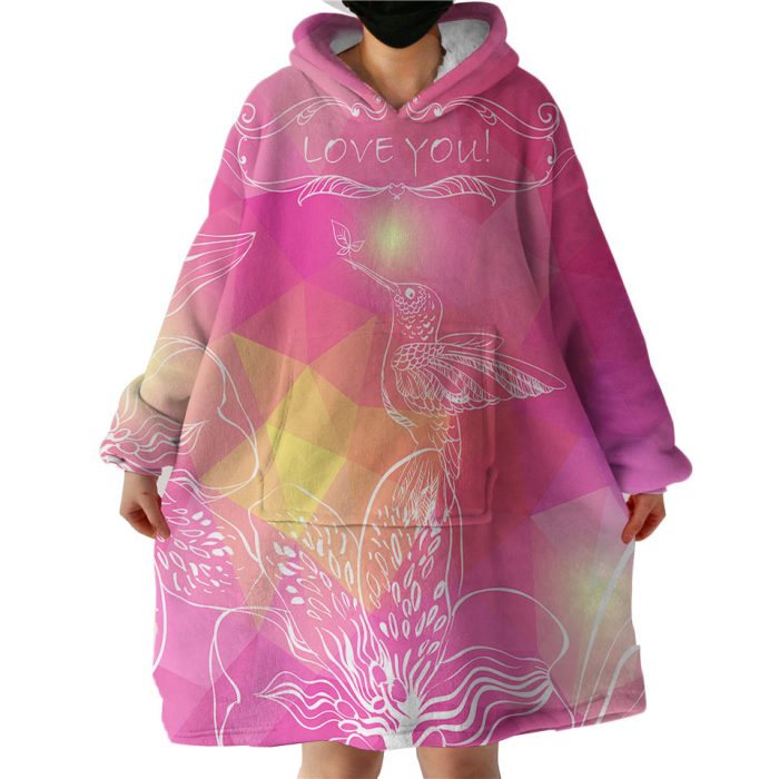 Love You Bird On Flower Pink Theme Hoodie Wearable Blanket WB0546