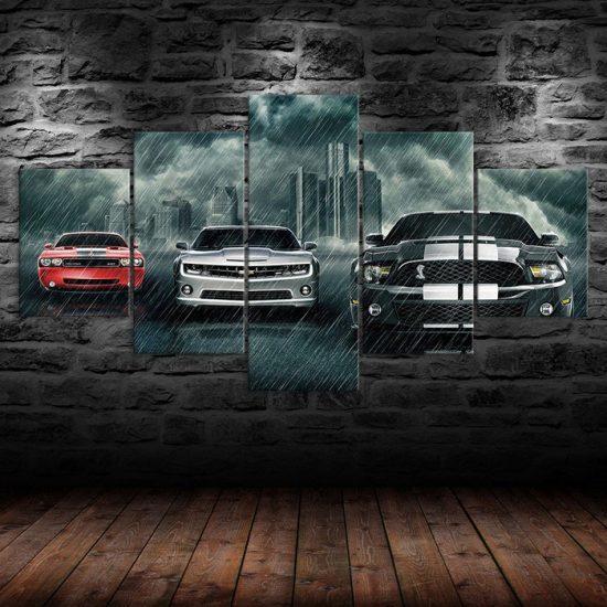 Luxury Sports Muscle Cars Rainy Scene Canvas 5 Piece Five Panel Print Modern Wall Art Poster Wall Art Decor 1